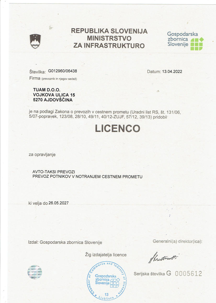 Licenca za opravljanje taksi prevozov